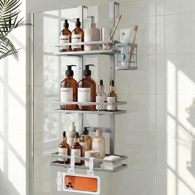 Over the Door Shower Caddy Hanging, Rustproof Shower Shelves with Waterproof Phone Pouch, Adjustable Bathroom Organizers and Storage, No Drilling Shampoo Soap Shelf (Silver 3-Tier)