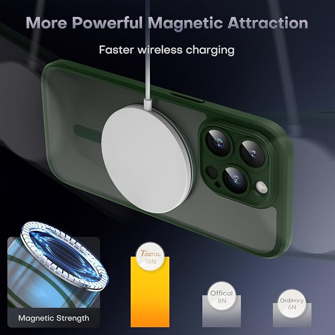 TOCOL Magnetic for iPhone 13 Pro Case Upgraded Full Camera Protection Compatible with Magsafe Drop Protection Translucent Matte Back Bumper Phone Cover 6.1-Inch, Alpine Green