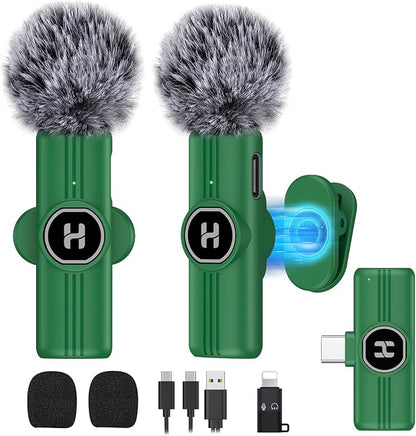 USB C Mini Wireless Lavalier Microphone for iPhone 15 16, iOS and Android Devices - Noise Reduction Lapel Mic for Recording, Clip Omni Lav Mic for Video Recording, Tiktok, Youtube, Vlog (Green)