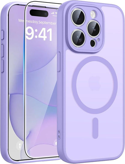 FNTCASE for iPhone 15 Pro Case: [Compatible with Magsafe] Translucent Matte Cases with [Full Camera Protection] [Screen Protector] Military Grade Shockproof Protective Phone Cover - Light Purple