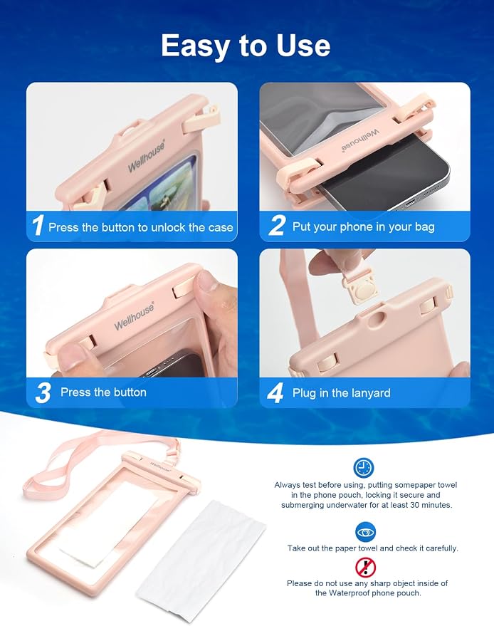 wellhouse Waterproof Phone Pouch, Waterproof Phone Case for iPhone 17 16 15 14 13 Pro Max XS Samsung, IPX8 3D Cellphone Dry Bag Beach Essentials (1 Pack - Pink8.0, 8 inch)
