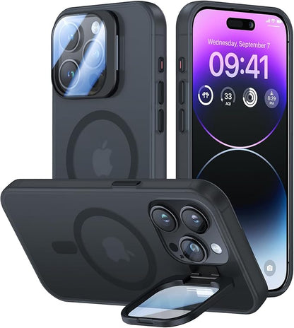 for iPhone 15 Pro Case with Camera Cover Stand [Built-in 9H Camera Lens Protector][Fit for Magsafe] Military Grade Shockproof Translucent Matte Magnetic Phone Case 6.1", Black