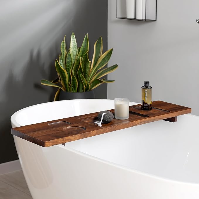 Luxury Teak Bathtub Caddy Tray - 35" Expandable Bath Bridge for Freestanding & Standard Tubs - Water-Resistant Solid Wood Spa Organizer with Wine Glass, Phone Holder & Non-Slip Grips