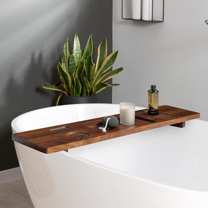 Luxury Teak Bathtub Caddy Tray - 35" Expandable Bath Bridge for Freestanding & Standard Tubs - Water-Resistant Solid Wood Spa Organizer with Wine Glass, Phone Holder & Non-Slip Grips