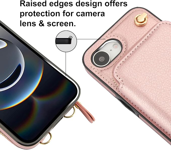 Bocasal Crossbody Wallet Case for iPhone 17e/16e, RFID Blocking Leather Purse Case with Card Holder, Protective Handbag Flip Cover with Zipper Wrist Strap Lanyard for Women 5G 6.1 Inch (Rose Gold)
