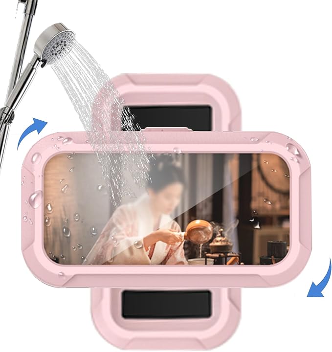 360° Rotatable Retractable Adjustable Shower Phone Case Holder,Anti-fog HD & sensitive screen ,Wall Mounted Phone Holder for Bathroom Mirror Bathtub Kitchen,Shower Accessories for 4-7" Phones (pink)