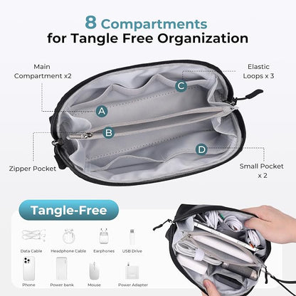 FYY Travel Cable Organizer - 8 Compartments, Lightweight, Water Repellent | With Wrist Strap, Portable Tech Pouch for Cord Charger, Travel and Business Trips Use, Soft Shell Nylon, Black (Small)