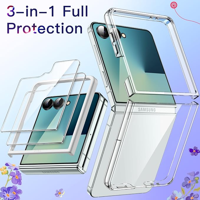 JETech 3 in 1 Case for Samsung Galaxy Z Flip 7, Clear | 2 Tempered Glass Front Screen Protectors, Scratch Resistant, Crystal Transparent Hard PC Shell, Protective Phone Cover