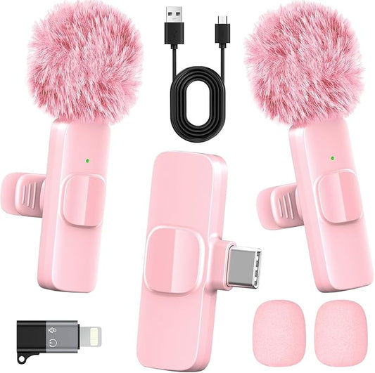 Pink Wireless Lavalier Microphone for iPhone & Android - Mini Clip-On Mic with Noise Cancellation, 65ft Range, 8H Battery, USB-C/Lightning - for TikTok, YouTube, Podcast, Live Streaming