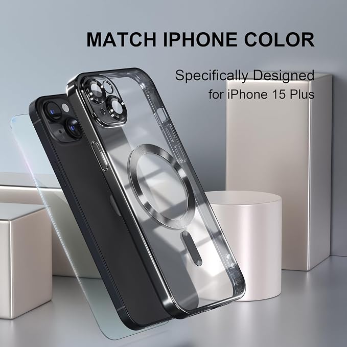 Misea Magnetic for iPhone 15 Plus Case Compatible with MagSafe [Never Yellowing] [Military Grade Drop Protection] Full Camera Lens Protector Plating Soft Clear Phone Case for Women, Black