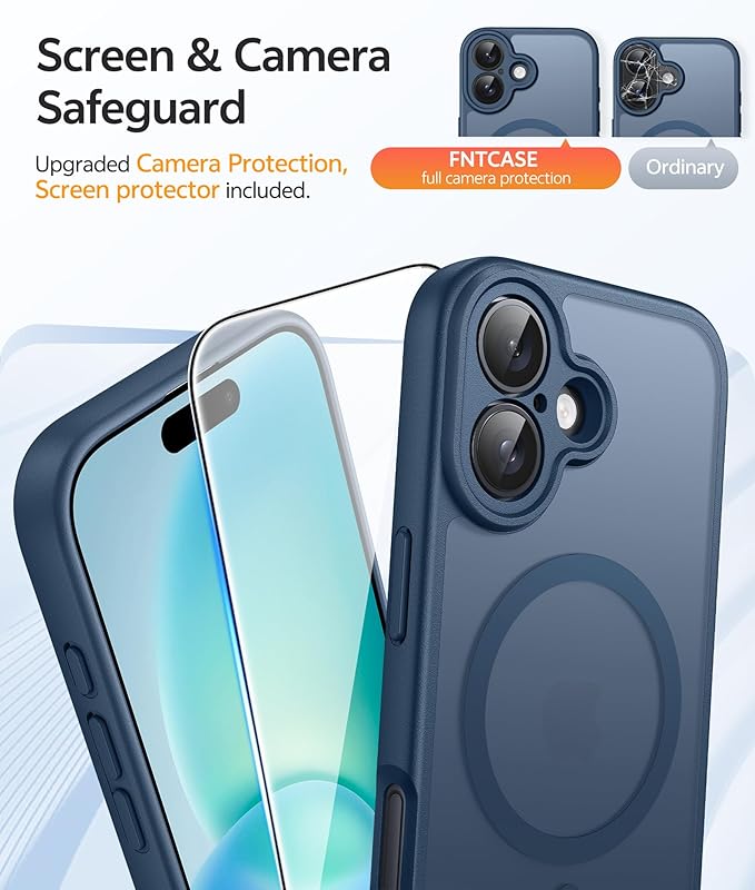 FNTCASE for iPhone 16 Case [Compatible with Magsafe] Translucent Matte Cases with [Screen Protector] Military Grade Shockproof Protective Phone Cover - Blue