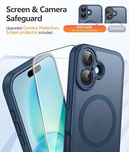FNTCASE for iPhone 16 Case [Compatible with Magsafe] Translucent Matte Cases with [Screen Protector] Military Grade Shockproof Protective Phone Cover - Blue