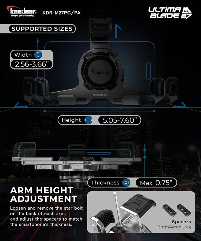 Kaedear Premium Motorcycle Phone Mount, Ql Wireless Charging, Aluminum, Anti-Vibrations, USB Charging, Quick Release Button, Durable, Anti-Theft Mount, Ultima Blade KDR-M27PA-BK (Black)