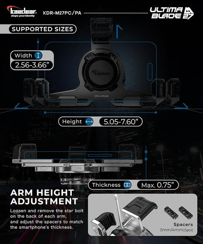 Kaedear Premium Motorcycle Phone Mount, Ql Wireless Charging, Aluminum, Anti-Vibrations, USB Charging, Quick Release Button, Durable, Anti-Theft Mount, Ultima Blade KDR-M27PA-BK (Black)