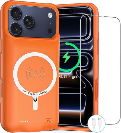 Battery Case for iPhone 17 Pro, 10000mAh Rechargeable Portable Charging Case with Wireless Charging Compatible for iPhone 17 Pro (6.3 inch) with Carplay Extended Battery Pack Charger Cover (Orange)