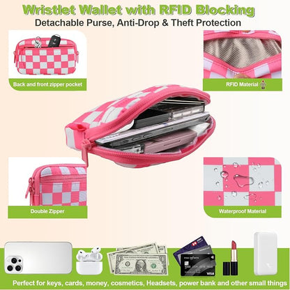 YFWE Clip and Go Strap for Phone with Wallet Crossbody, Adjustable Phone Lanyard with Detachable RFID Wristlet Wallet, Phone Strap with Phone Tabs for All Phones, Pink Checkered (L)