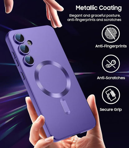 Magnetic for Samsung Galaxy S25 FE Case [Compatible with MagSafe][Built-in Camera Lens Protector] Slim Soft Silicone Bumper Shockproof Metallic Luster Phone Case, Purple