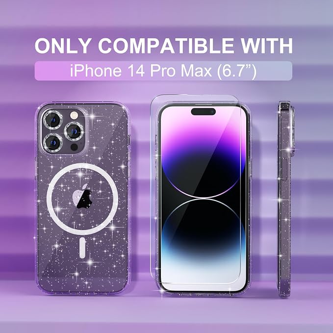 Choiche Magnetic for iPhone 14 Pro Max Case, Women Clear Glitter Bling Sparkly Case, [3xDiamond Camera Lens Protectors] [2xTempered Glass Screen Protectors] [Compatible MagSafe] (Glitter Clear)