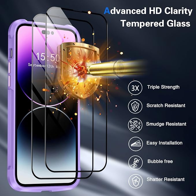 GOLDJU 4 in 1 for iPhone 14 Pro Max Case, Heavy Duty Protective Case with [360°Rotatable Magnetic Stand]& [2P 9H Tempered Glass Screen Protector]& [1P Camera Lens] Clear Hard Back 6.7’’ 2022(Violet)