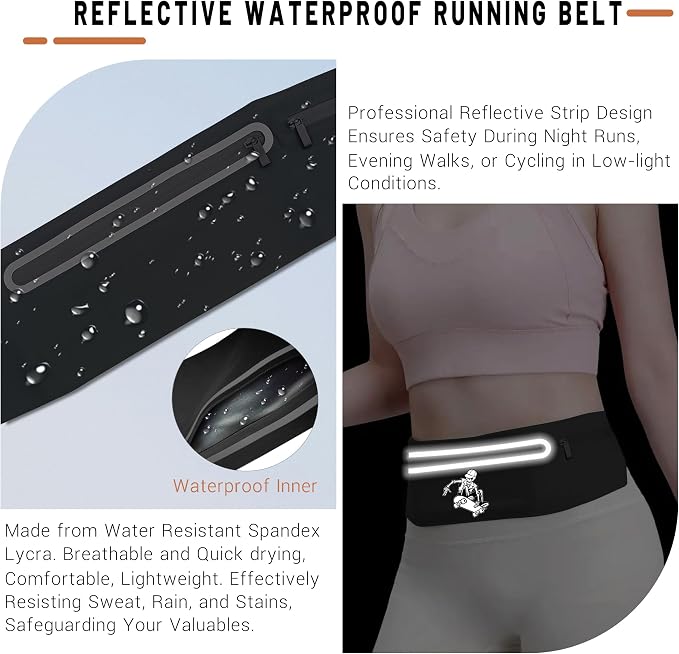 Skull Slim Running Belt for Cell Phones Adjustable Black fanny packs for women,Skeleton Hand Skateboard Running Bag Waterproof Reflective with 3 Pouches,Waist Pack Bag for Jogging Cycling Hip Hop
