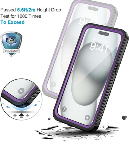 Lanhiem for iPhone 15 Plus Case, IP68 Waterproof Dustproof Shockproof Cases with Built-in Screen Protector, 360 Full Body Protective Front and Back Cover for iPhone 15 Plus - 6.7 inch (Purple)