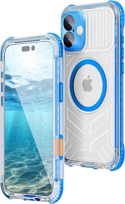 WIFORT for iPhone 16 Waterproof Case, [IP68 Underwater] [Blue Light Filter Lens] [15FT Military Shockproof], Fit for Magsafe Full Body Magnetic Frosted Phone Case with Lanyard, 6.1" Blue