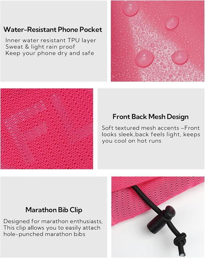 WATERFLY Running Belt Fanny Pack: Breathable 3 Pocket Waist Bag for Men Women Workout Exercise Fitness Phone Holder Fits All Phones - Runner Marathon Jogging Race Belt with Bib Clip Pink