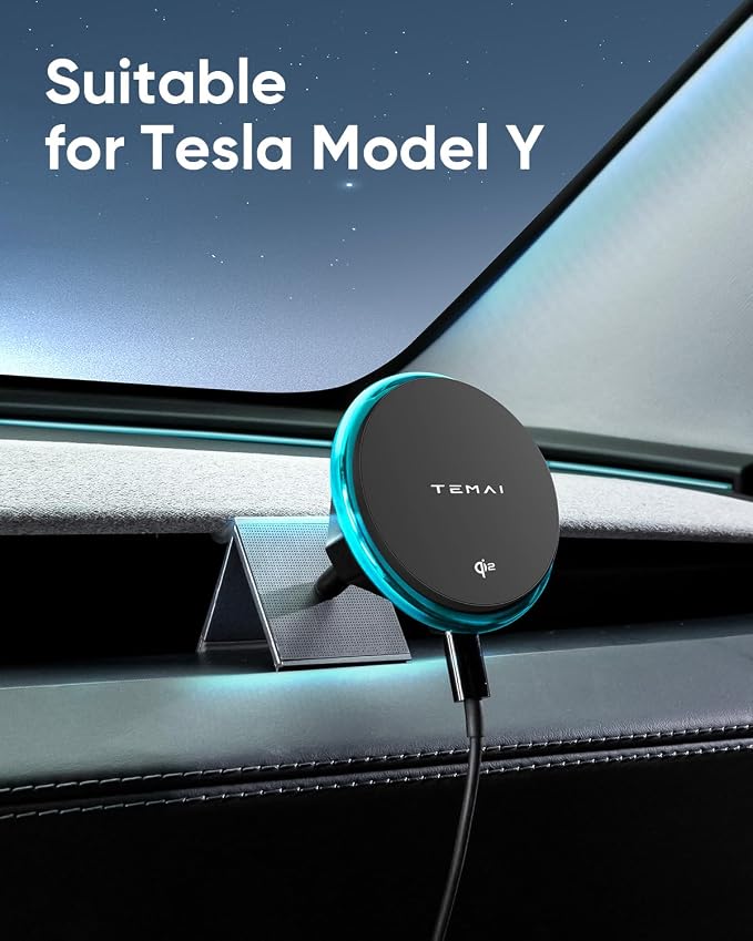 TEMAI Car Mount Charger, 15W MagSafe Wireless Car Charger & Phone Holder for Model Y Juniper(2025)- Strongest Magnetic Fast Charging Accessories Slideable Air Vent Mount with Silicone Pads