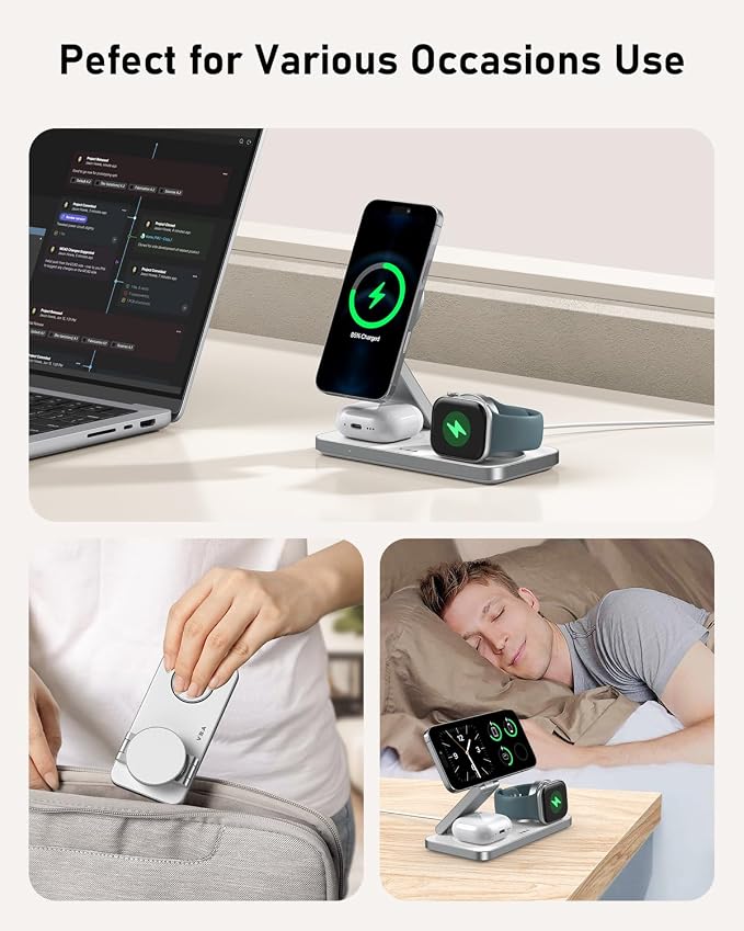 VBA 3 in 1 Wireless Charging Station for Apple MagSafe Charger,Foldable Fast Charging Magnetic Wireless Charger Stand,Travel Charger for iPhone 17 Air 16 15 14 13 12,Apple Watch,AirPods Pro(White)