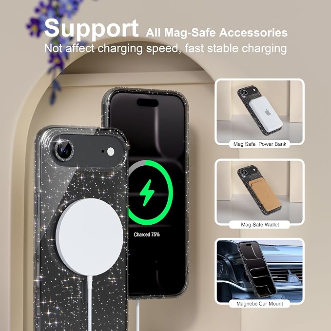 Choiche Magnetic for iPhone 17 Air Case Compatible with MagSafe, Women Cute Glitter Sparkly Phone Case with Diamond Camera Lens Protectors, Military-Grade Drop Protection 6.5" (Black)