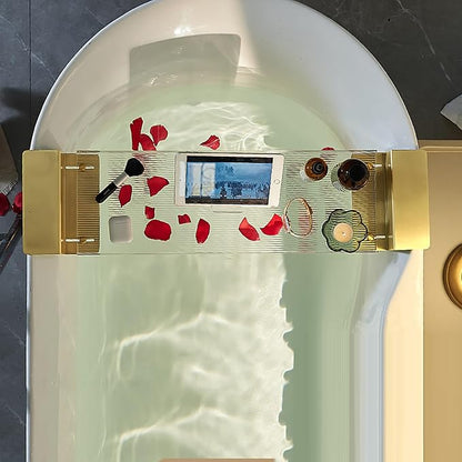 Acrylic Bathtub Caddy Tray, Expandable Bathtub Tray with Gold Handles, Reading Rack Tablet Holder Holds Phone, Books, Candles, Food, Wine and Tablet(80cm/31inch, Ripple)
