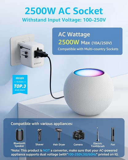“Pro” Universal Travel Adapter 3 USB-C＆ 2 USB-A Cover 200+ Countries | GaN 70W, International Plug Adapter, All in One Portable Adapter, NOT A Voltage Converter, for USA, UK, EU, AU (White)