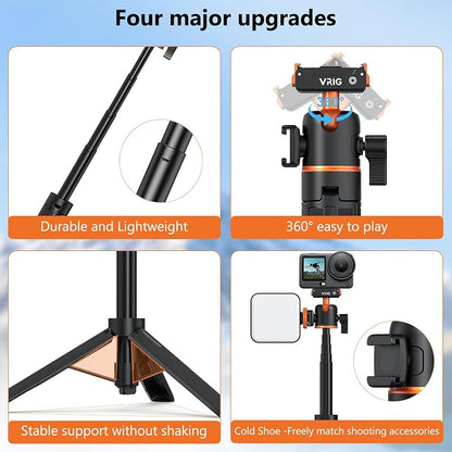 VRIG Action Camera Selfie Stick Tripod for DJI Osmo Nano/Action 6, Dual-Direction Magnetic Quick Release Adapter 360° Ball Head & Cold Shoe Mount, 8 to 21 inches Extendable Rod, AC-40N