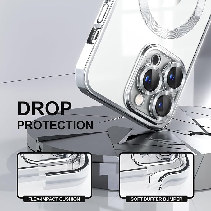 Misea Magnetic for iPhone 14 Pro Max Case Compatible with MagSafe [Never Yellowing] [Military Grade Drop Protection] Full Camera Lens Protector Plating Soft Clear Phone Case for Women Girls, Silver