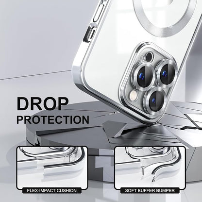 Misea Magnetic for iPhone 14 Pro Max Case Compatible with MagSafe [Never Yellowing] [Military Grade Drop Protection] Full Camera Lens Protector Plating Soft Clear Phone Case for Women Girls, Silver