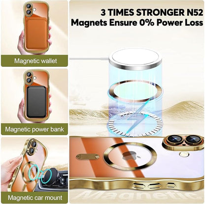 Misscase for iPhone 17 Case with Privacy Screen Protector,Compatible with MagSafe,Cute Wave Frame Anti-Scratch Case with Camera Lens Protector Plating Bling Case for iPhone 17 6.3" Women Gold