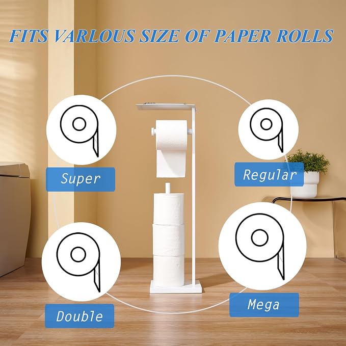 Freestanding Toilet Paper Holder for Bathroom–Stainless Steel Square Tissue Dispenser with Storage Tray & Roll Organizer (White)