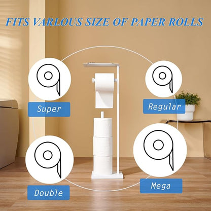 Freestanding Toilet Paper Holder for Bathroom–Stainless Steel Square Tissue Dispenser with Storage Tray & Roll Organizer (White)