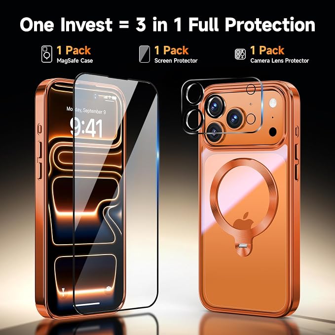 [Tri-Shield Protection] for iPhone 17 Pro Case with 360° Spin Stand Compatible with MagSafe [Magnetic CD Ring] [Screen & Camera Lens Protector] Shockproof Plating Never-Yellowing, Cosmic Orange-6.3"