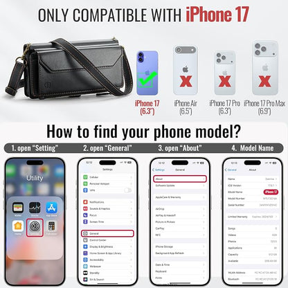 Strapurs Wallet Case Compatible with iPhone 17 6.3" RFID Blocking 9-Card Holder Soft PU Leather Magnetic Snap Shoulder Strap Zipper Pocket Phone Case Fit for iPhone 17 for Women - Black