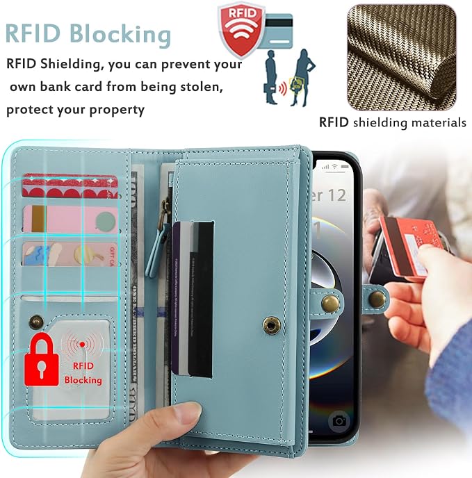 for Wallet Case Compatible with iPhone 16e / 17e ,Multi-Function Detachable 2 in 1 Magnetic iPhone 16e / 17e Case Wallet,Flip Strap Zipper Card Holder Phone Case with Shoulder Straps (Blue)