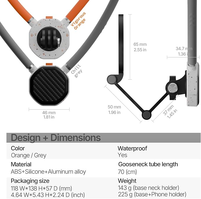 Magnetic Neck Phone Holder 27.5inch Long Hands Free for POV/Vlog Selfie Chest Mount with Strap Perfect for Recording, Cooking, Cycling Compatible with iPhone, Android (Bright Gray)