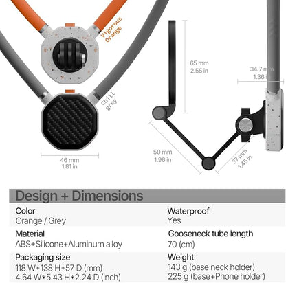 Magnetic Neck Phone Holder 27.5inch Long Hands Free for POV/Vlog Selfie Chest Mount with Strap Perfect for Recording, Cooking, Cycling Compatible with iPhone, Android (Bright Gray)