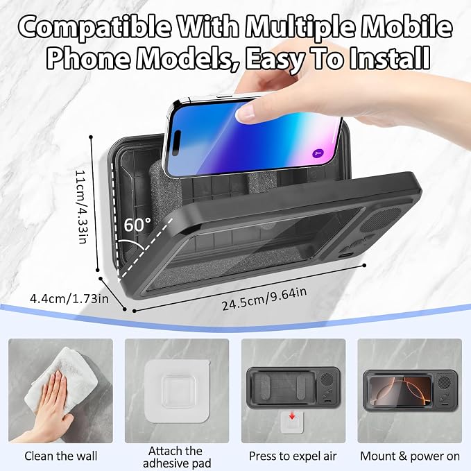 Shower Phone Holder with Wireless Bluetooth Speaker,2026 New Waterproof 480 Rotation Viewable Shower Phone Case Speaker for Any Phone, Wall Mounted Phoneholder Stand for Bathroom Mirror (Black)