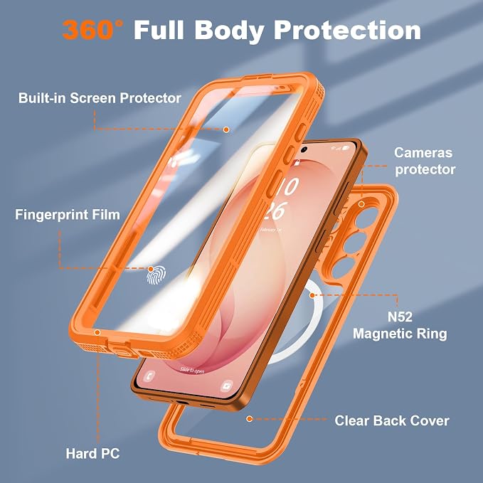 GOLDJU for Samsung Galaxy S26 Case Waterproof, Galaxy S26 Case with Built-in Screen & Lens Protector, Shockproof Full Body Protection Phone Case, Compatible with MagSafe/Wireless Charging, Orange
