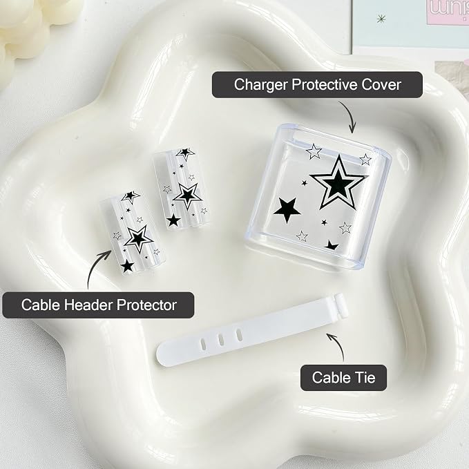 Lovmooful Compatible for iPhone 18W/20W USB-C Charger Cover Clear Lovely Star Design Soft Charger Protector Cute Cable Case Saver Protector for Girls Women-Black Star