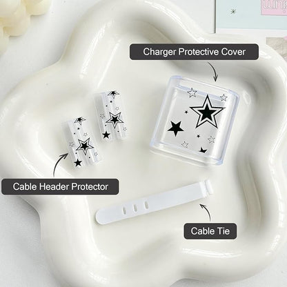 Lovmooful Compatible for iPhone 18W/20W USB-C Charger Cover Clear Lovely Star Design Soft Charger Protector Cute Cable Case Saver Protector for Girls Women-Black Star