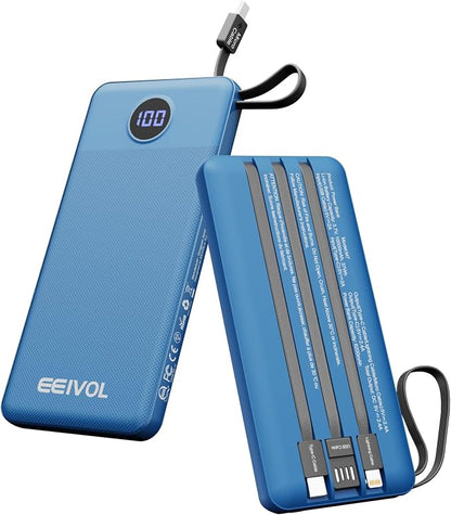 Portable Charger with Built in Cables, Slim 10000mAh Power Bank, USB C Battery Pack Travel, 4 Output 2 Input External Charging Bank for iPhone 17/16/15/14/13,Samsung, Android, etc-Blue(1 Pack)