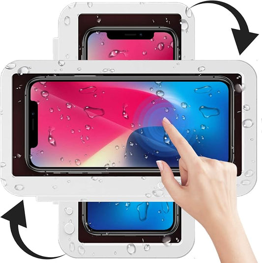 Shower Phone Holder Waterproof - Anti Fog High Sensitivity Touch Screen, 360°Rotation Wall Mount Shower Case for Phone for Bathroom Wall Mirror Bathtub Kitchen, Compatible with Under 7 Inch(White)