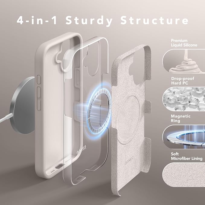 GONEZ Magnetic for iPhone 16 Case, Compatible with MagSafe, [Screen Protector + Camera Lens Protector], Liquid Silicone Shockproof Protective Phone Case for iPhone 16 6.1", Stone